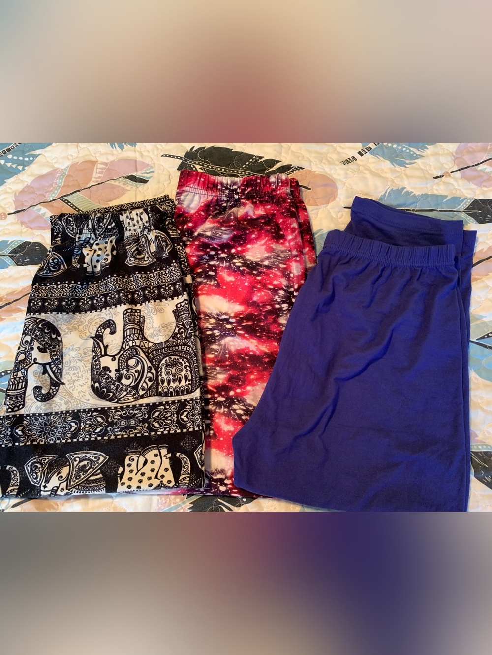 Women’s Leggings x3-Pink/Red Galaxy, Black/Cream Elephants, Solid Blue